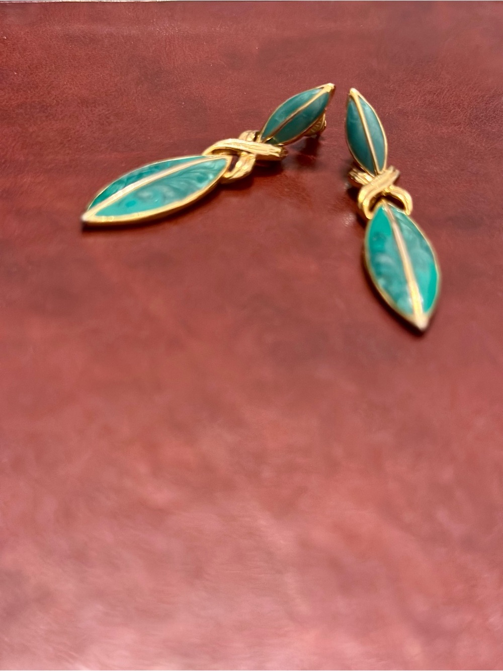Gold-Tone Teal Enamel Leaf Drop Earrings